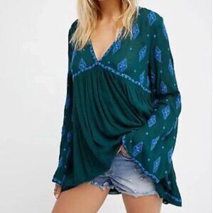 Free People Embroidered Teal and Blue Women's Tunic Top